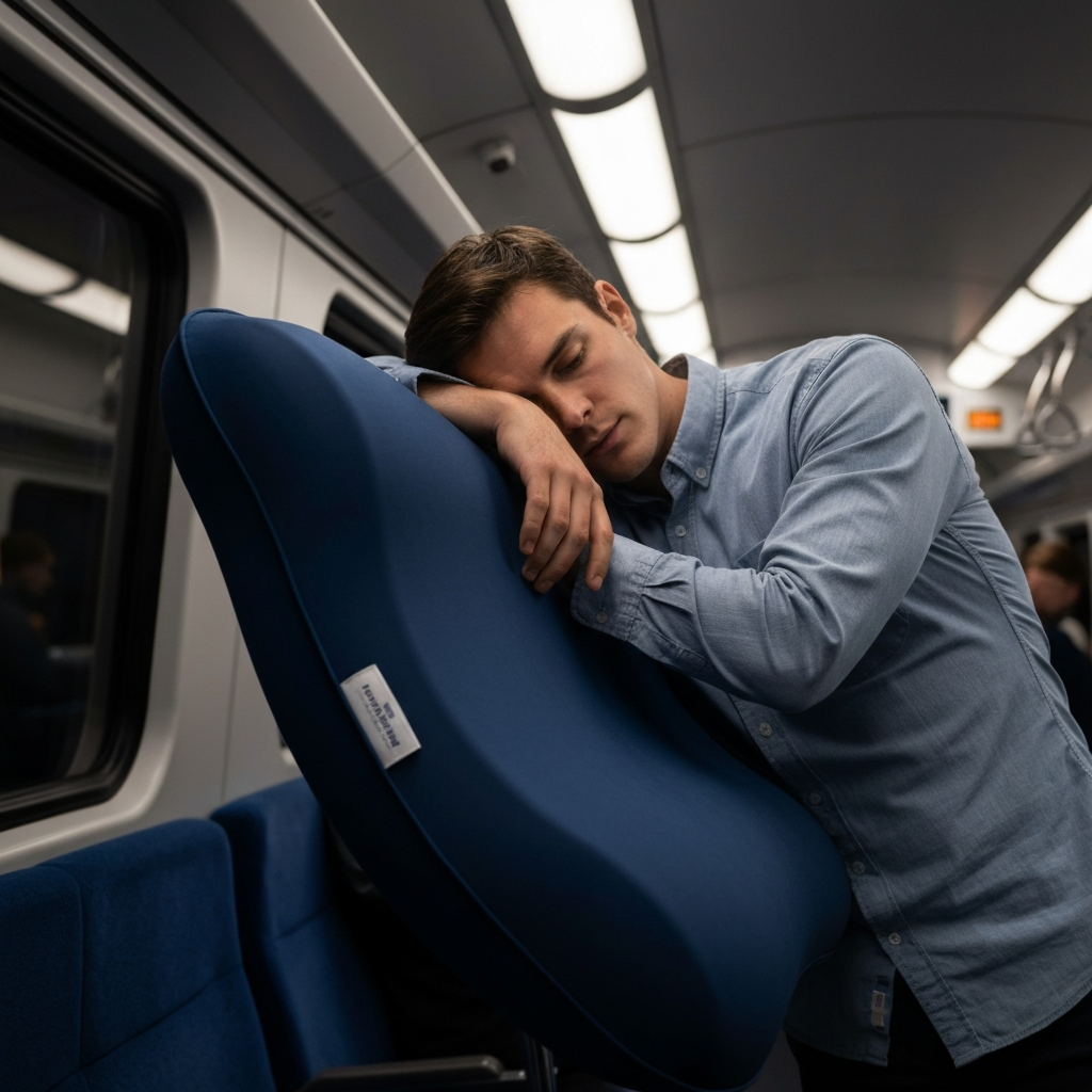 A person leaning against a body pillow on a train. The pillow is dark blue and contoured. The train interior is clean and modern, with overhead lighting. The person is wearing a casual button-down shirt.