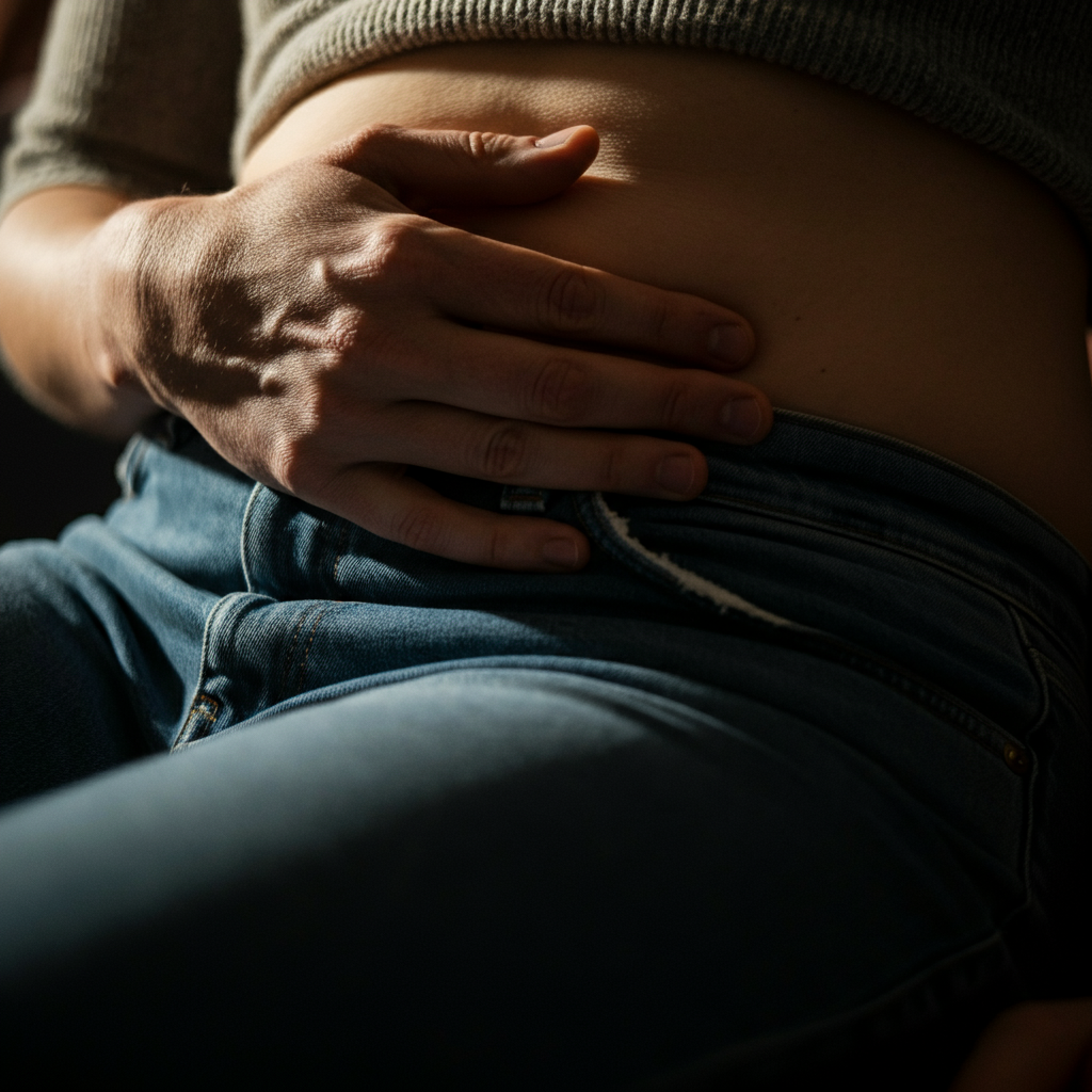 Close-up of a person's hand gently pressing on their abdomen, soft golden hour lighting, shallow depth of field.