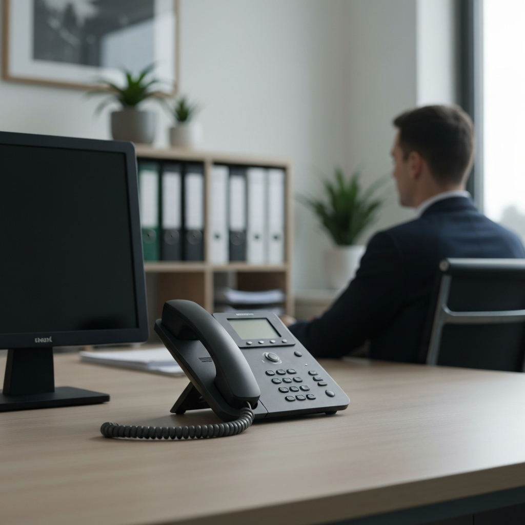 An office desk setup with a landline phone in sharp focus, soft bokeh in the background highlighting file cabinets and office plants.