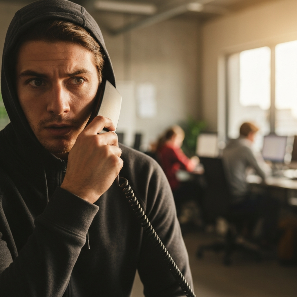 A blurred background showing a busy office environment, focus on a person's hand dialing a phone number with concerned expression.