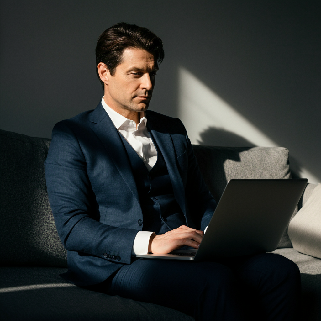 A person sitting on a sofa, professionally dressed, looking at a laptop with a focused expression. Natural light from a window creates soft shadows.