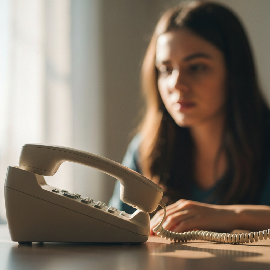 A blurred image of a person hanging up a phone, focus on the receiver resting on the base, side-lit with a subtle glow.