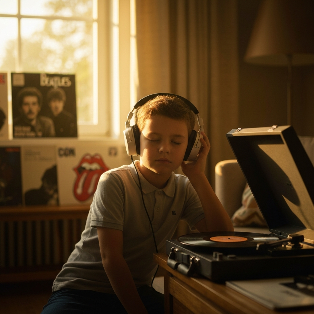 A child wearing headphones, eyes closed, listening to vinyl records on a vintage record player in a warmly lit living room. Soft bokeh in the background shows album covers of Beatles and Rolling Stones records. Golden hour lighting streams through a window.