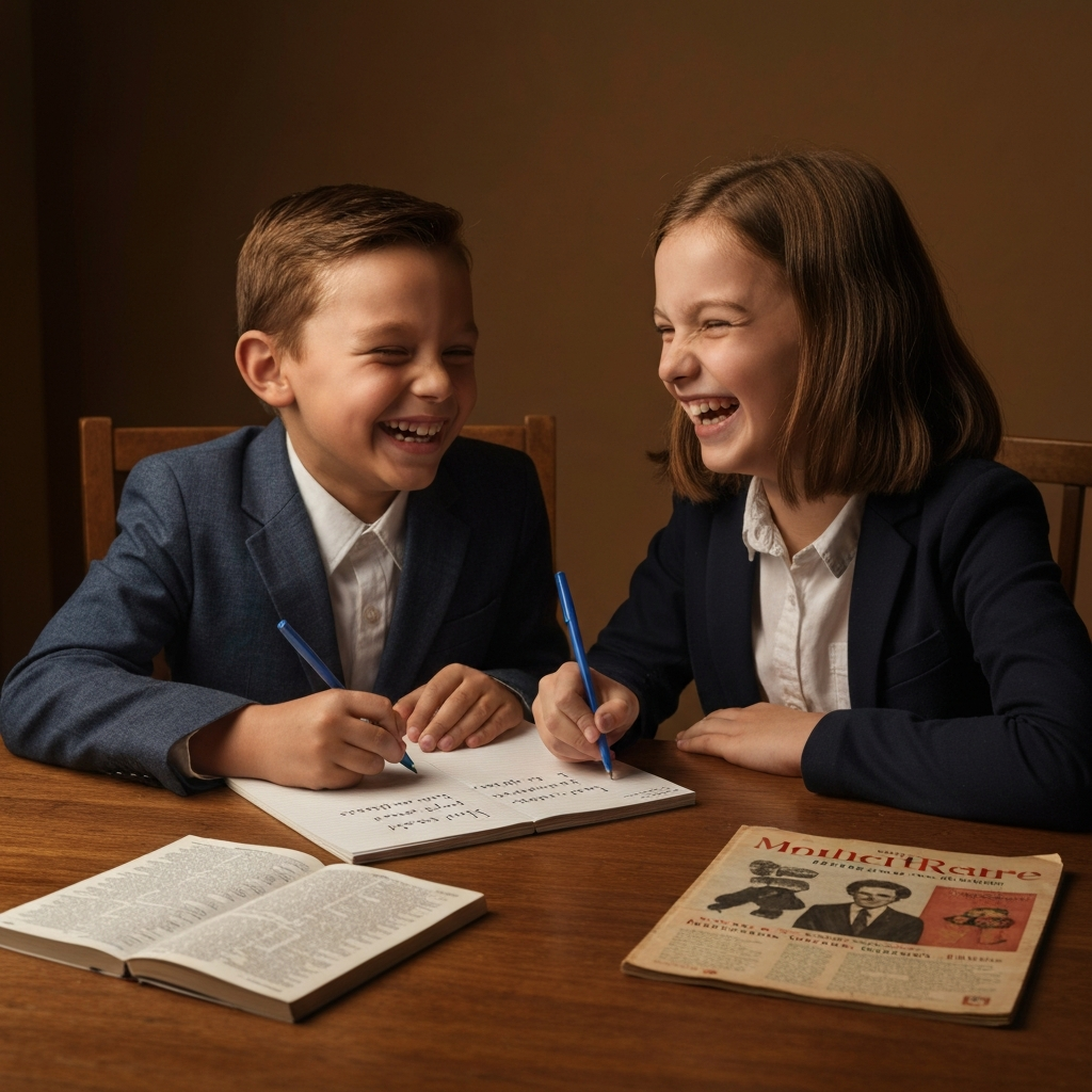 Two children sitting at a table, laughing and writing down 1960s slang terms on a notepad. A dictionary and a vintage magazine are on the table. The room has warm, inviting lighting.