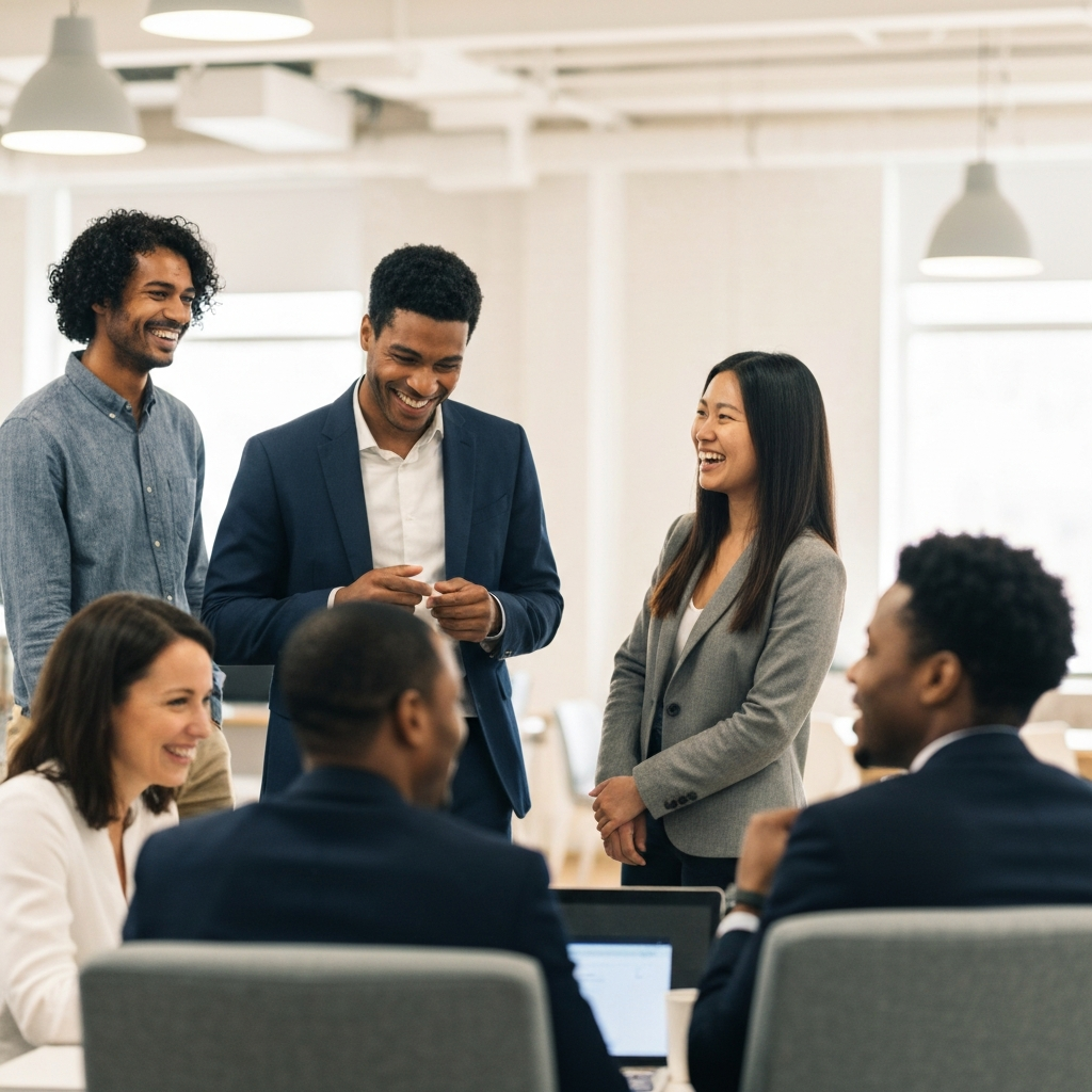 A diverse group of people, casually dressed, laughing and talking in a brightly lit co-working space. Soft bokeh in the background.