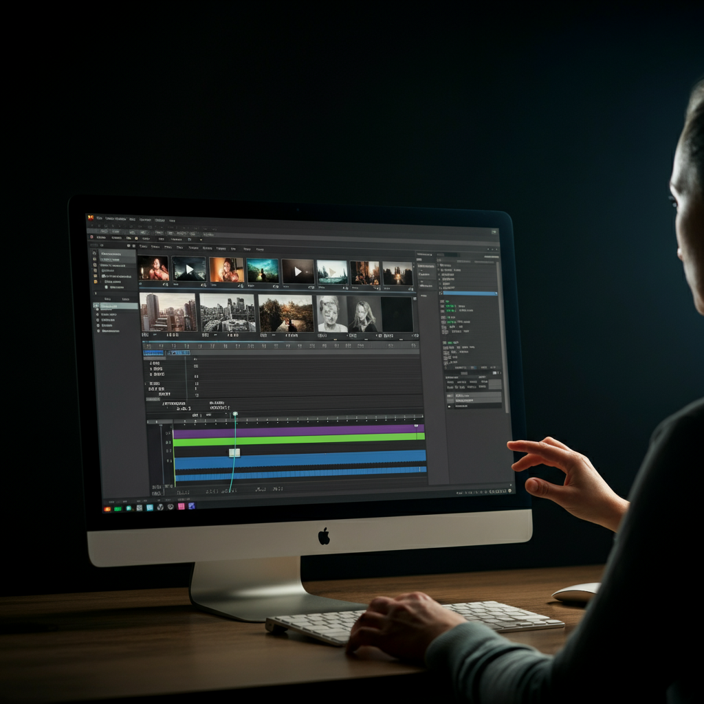 A person using video editing software on a desktop computer. The timeline shows short video clips neatly arranged and trimmed.