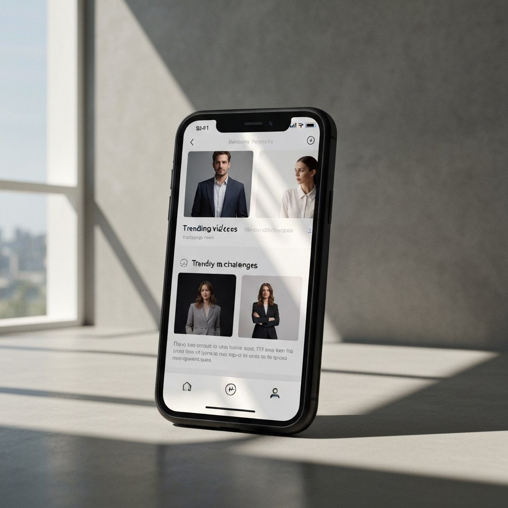 A mobile phone displaying the TikTok app, with trending videos and challenges highlighted. Soft, diffused light reflects on the screen.