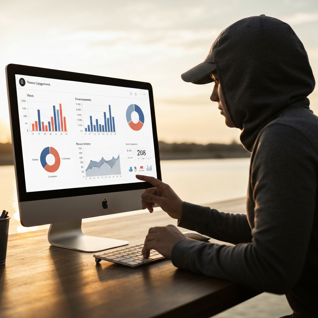 A person analyzing data on a computer screen. Graphs and charts display engagement metrics such as views, likes, shares, and comments.