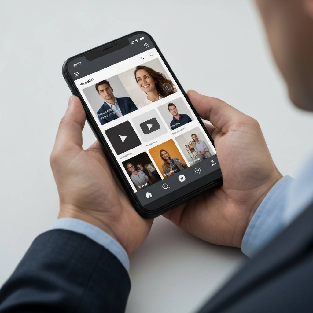 A person holding a smartphone, scrolling through various social media apps with video content displayed on each.