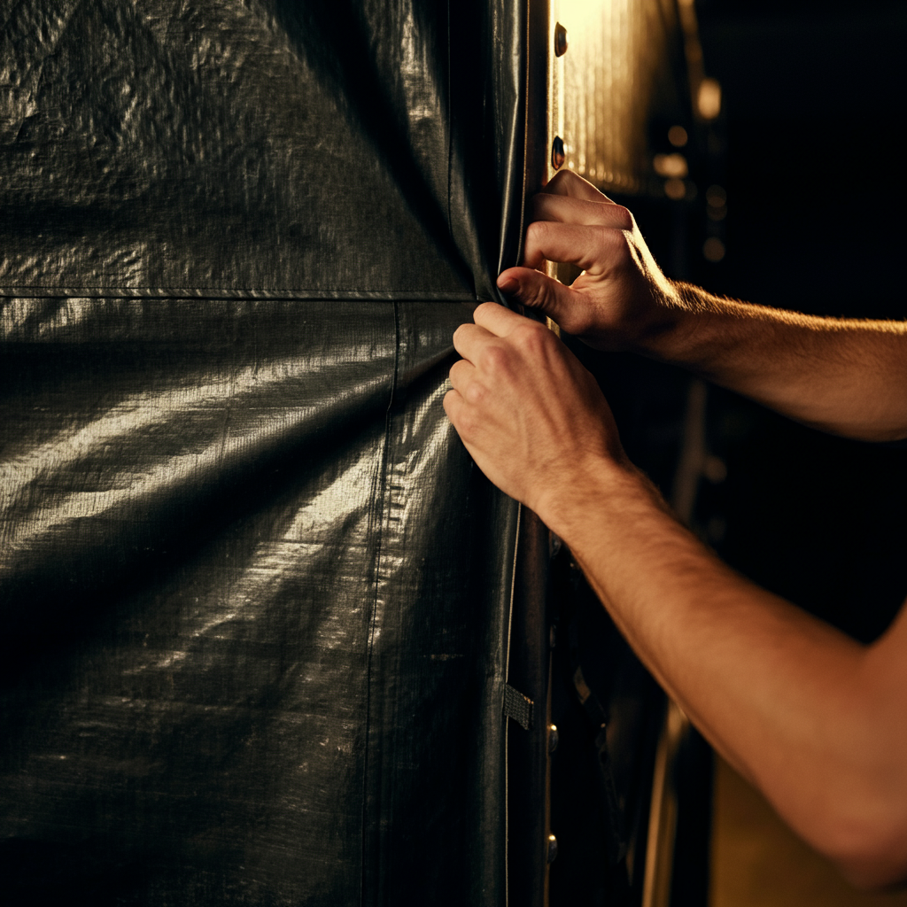 Close-up shot of a hand carefully tucking the edge of a tarp underneath itself on the side of a flatbed truck, with the texture of the tarp being side-lit for detail.