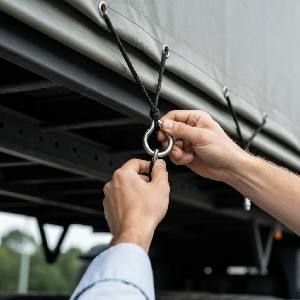 A person's hand attaching a bungee cord to a D-ring on a tarp, with the truck's frame visible in the background. The D-ring and bungee cord are sharply in focus.