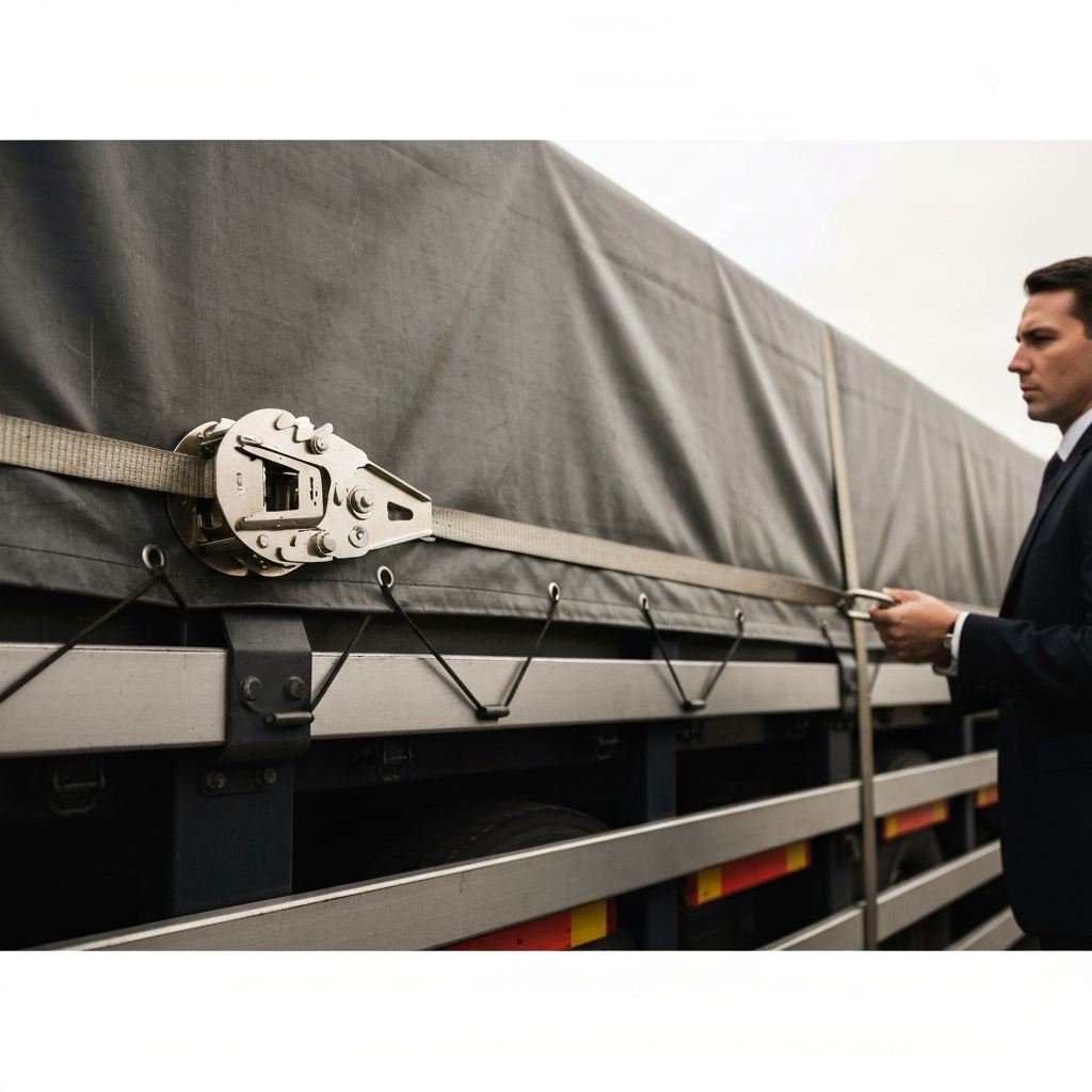 A ratchet strap tightened across a tarp-covered load on a truck. The mechanism of the ratchet strap is in sharp focus, highlighting its tensioning capability.