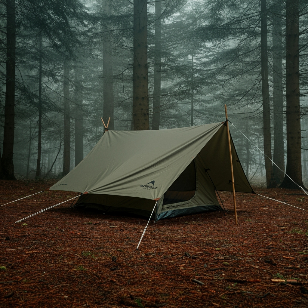 A-frame tarp shelter pitched low to the ground in a forest setting. The back of the tarp is anchored firmly against the ground. Soft natural light filters through the trees.