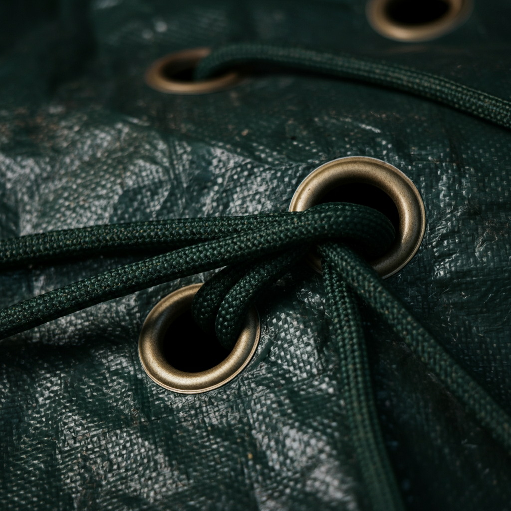 Close-up shot of paracord being threaded through the grommets of a tarp, creating a webbed pattern. The texture of the tarp and the weave of the paracord are clearly visible.