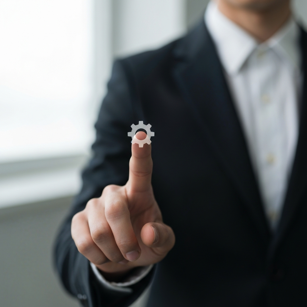 Close-up of a hand clicking the gear icon (Settings) in the Windows Start menu. Soft, natural lighting with shallow depth of field, focusing on the icon and fingertip. The background is subtly blurred to emphasize the act of selection.