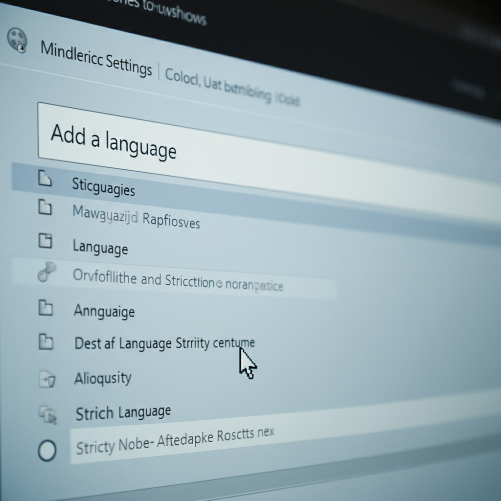 Medium shot of the "Add a language" window in Windows settings. Various language options are visible in a scrollable list. The window is side-lit, casting subtle shadows and highlighting the text. A cursor hovers over the search bar.
