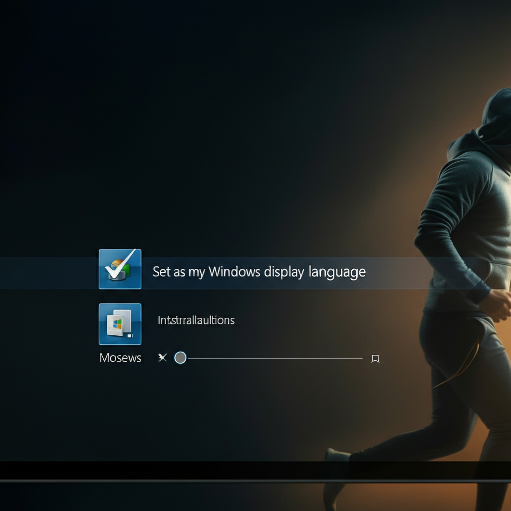 Screenshot of the language installation screen in Windows, showing the "Set as my Windows display language" checkbox highlighted. A progress bar indicates the installation progress. Soft, diffused lighting with a focus on the key options.