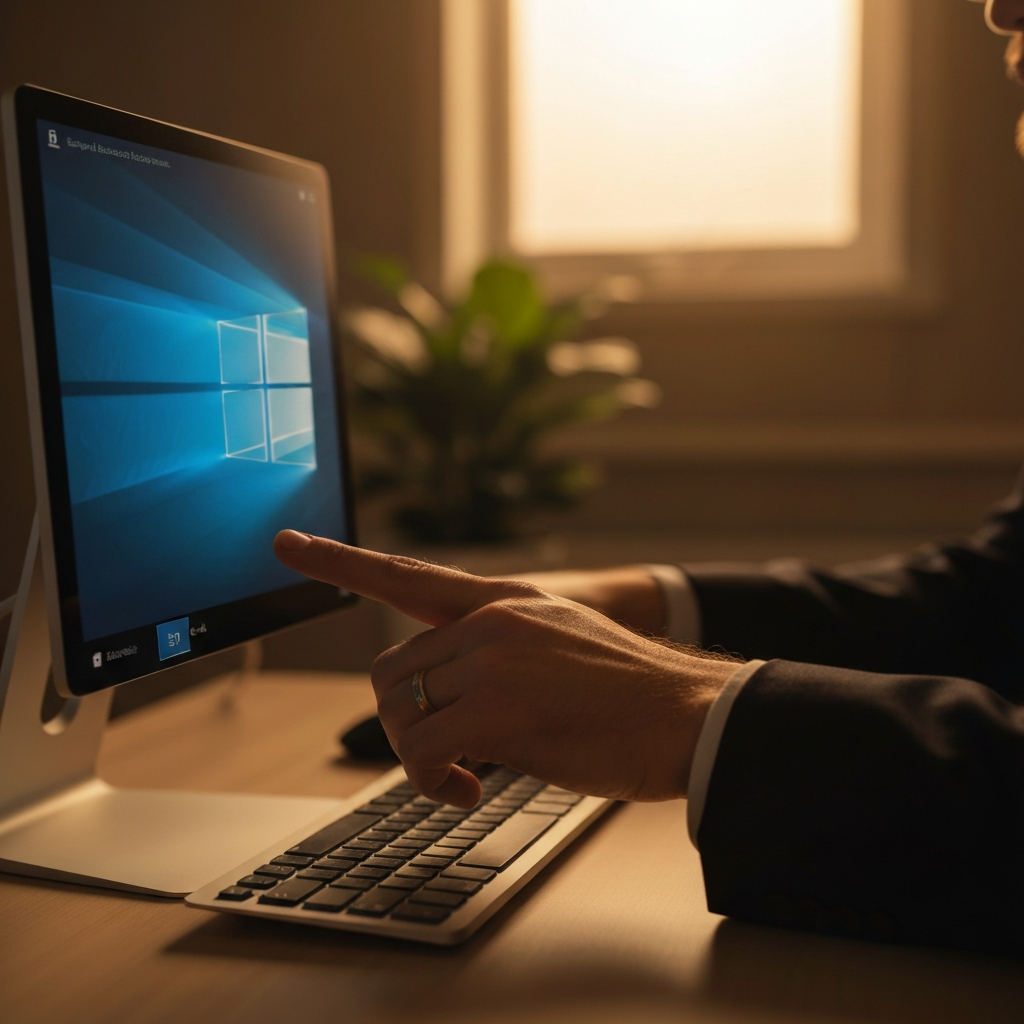 A person clicking the "Sign out" option from the Windows Start menu. Their hand is visible, interacting with the computer. The room is bathed in warm, inviting golden hour lighting.