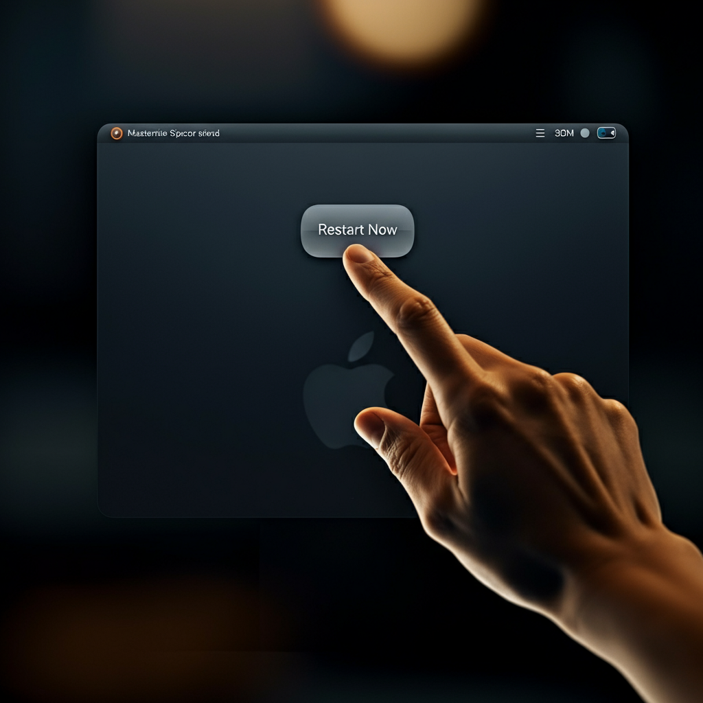 A person clicking the "Restart Now" button on a macOS prompt. Natural, soft lighting. The background shows a blurred macOS desktop environment.