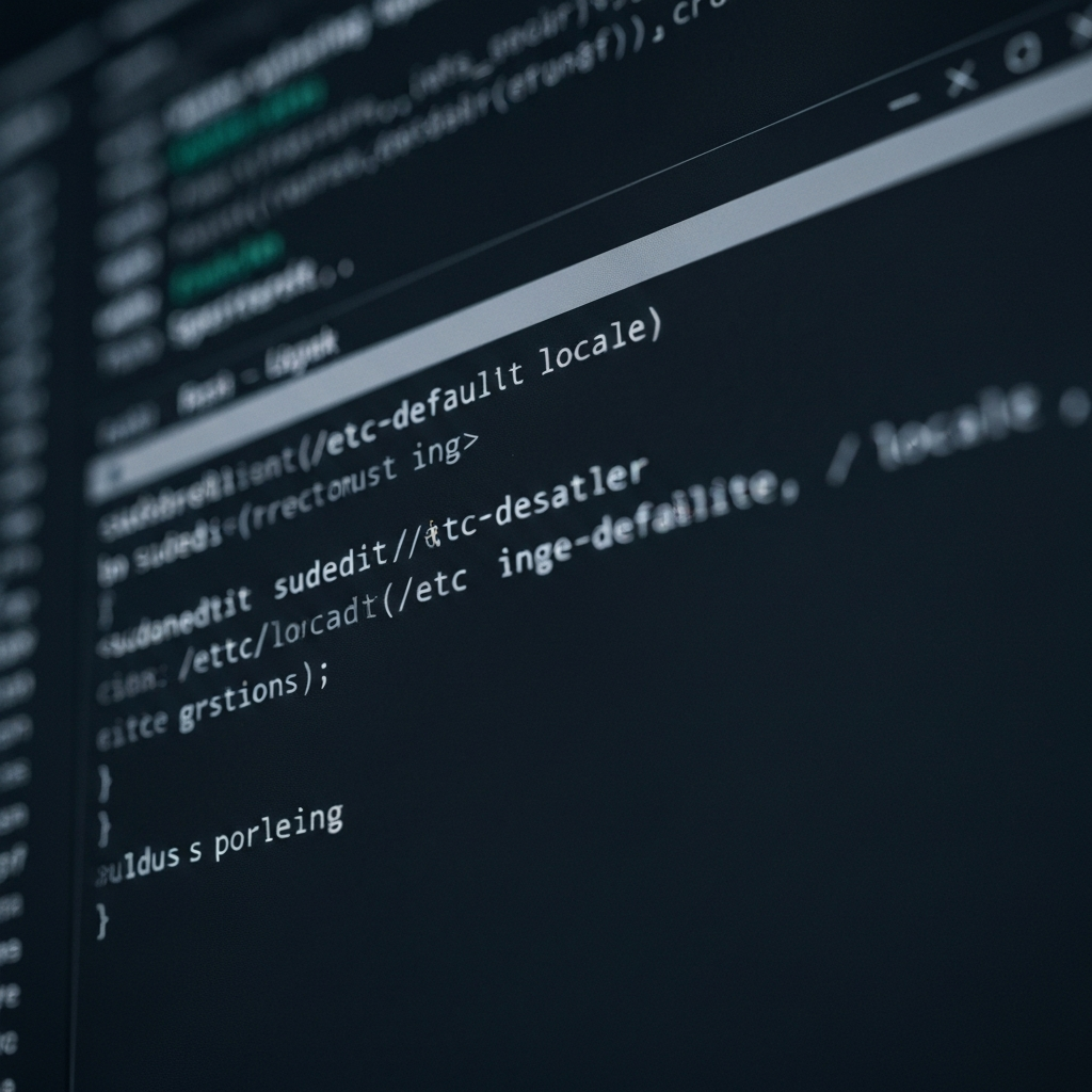 Close-up of a Linux terminal window displaying the command `sudoedit /etc/default/locale`. The text is clear and legible. The background is a blurred representation of a coding environment.