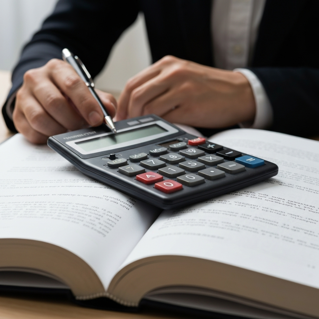 A close-up shot of a financial calculator resting on top of an open accounting textbook. Soft overhead lighting highlights the texture of the paper and the calculator's buttons.