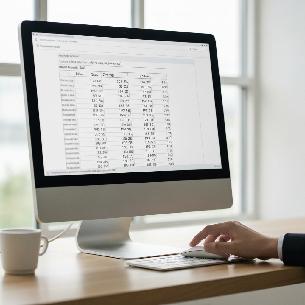 A spreadsheet on a computer screen displaying columns with expense categories like "Sales," "General," and "Admin." A hand hovers over a mouse, ready to click and input data. The screen reflects a soft, diffused light.