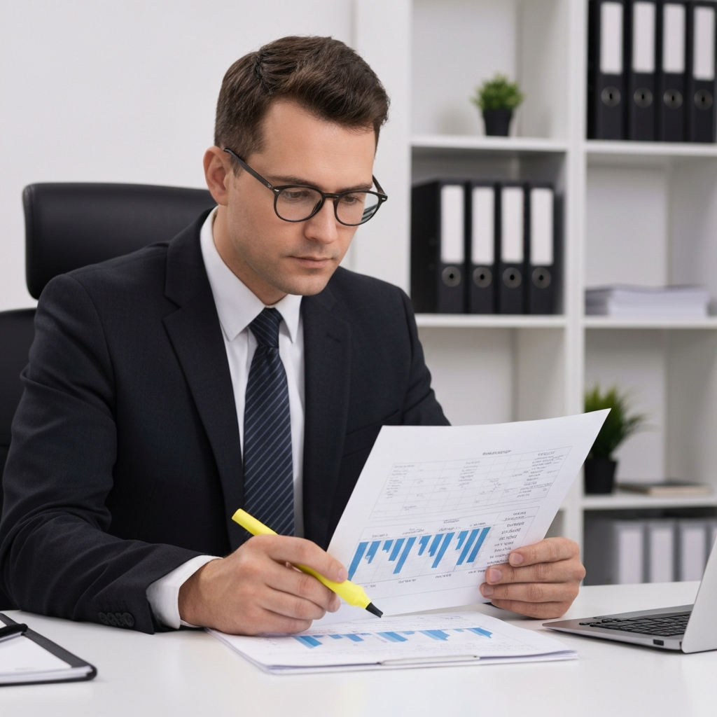A business professional in a neatly organized office, sitting at a desk. They are looking intently at a financial document, highlighting a specific number with a yellow highlighter.