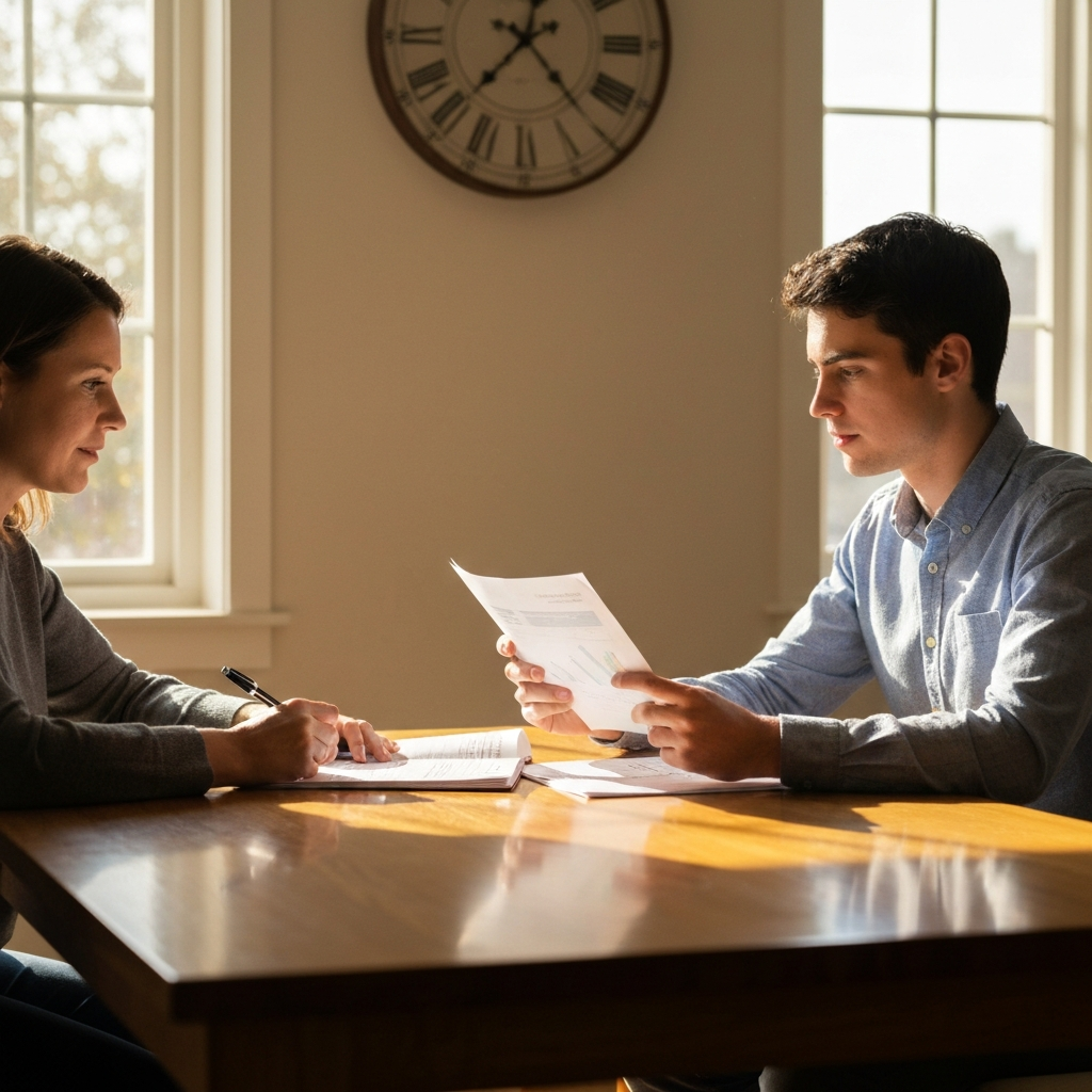 A young adult sitting at a kitchen table with their parents, reviewing a budget sheet with soft morning light streaming through the window. The table is oak, reflecting the light, and the scene has a warm, inviting tone.