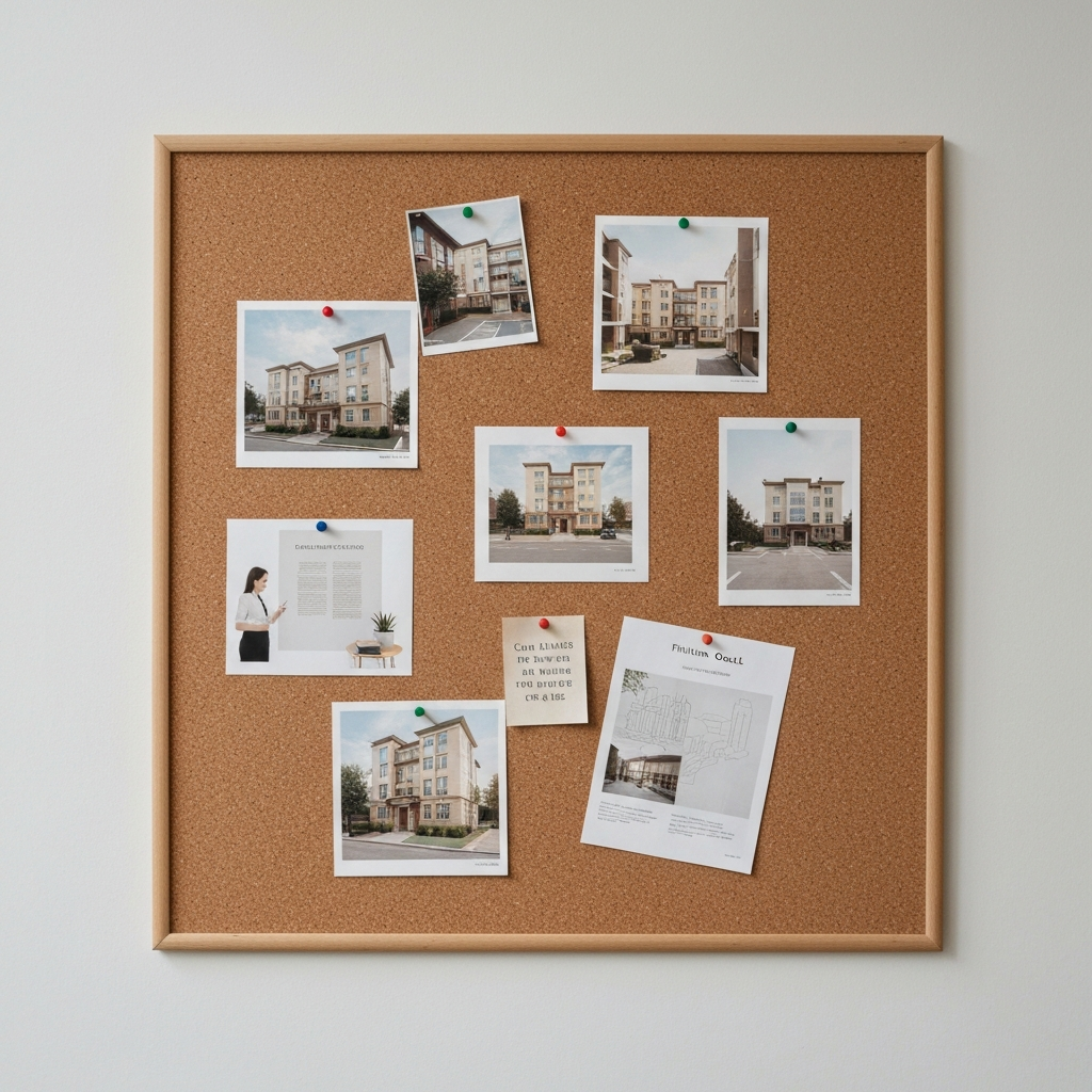 A corkboard with photos of apartments, career options, and financial goals pinned to it. The lighting is diffused and natural, highlighting the textures of the cork and the various materials.