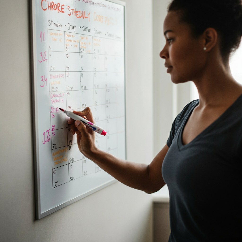 A close-up of a whiteboard with a chore schedule written in colorful markers. The lighting is bright and even, emphasizing the details of the writing and the texture of the whiteboard.