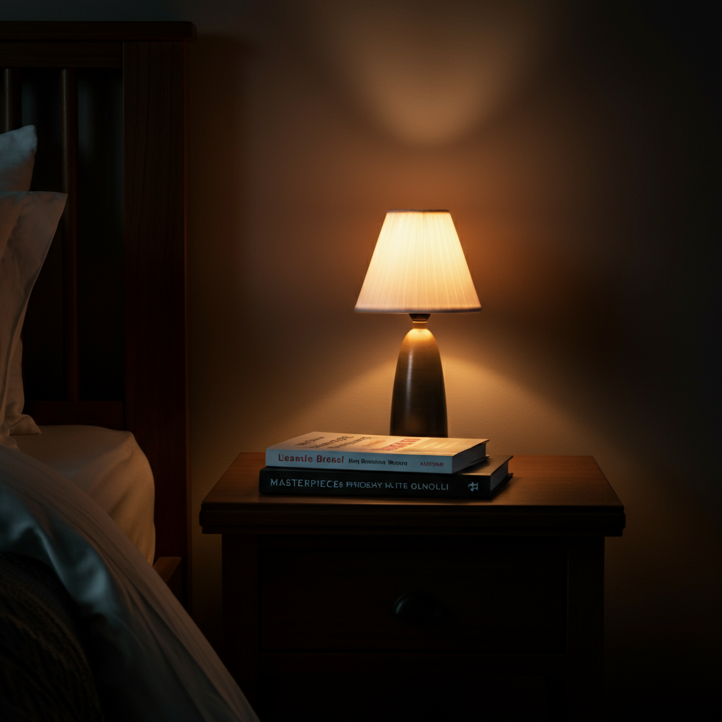 A bedside table with a soft lamp casting a warm glow on a book. The background is slightly blurred, creating a sense of calm and tranquility. Focus on the lamp's texture and the book's title.