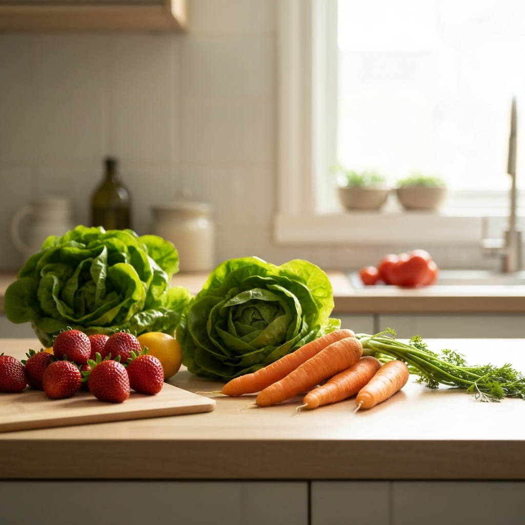 A kitchen counter with fresh produce arranged in a visually appealing way. Natural light streams in, highlighting the colors and textures of the fruits and vegetables. The scene is clean and inviting.