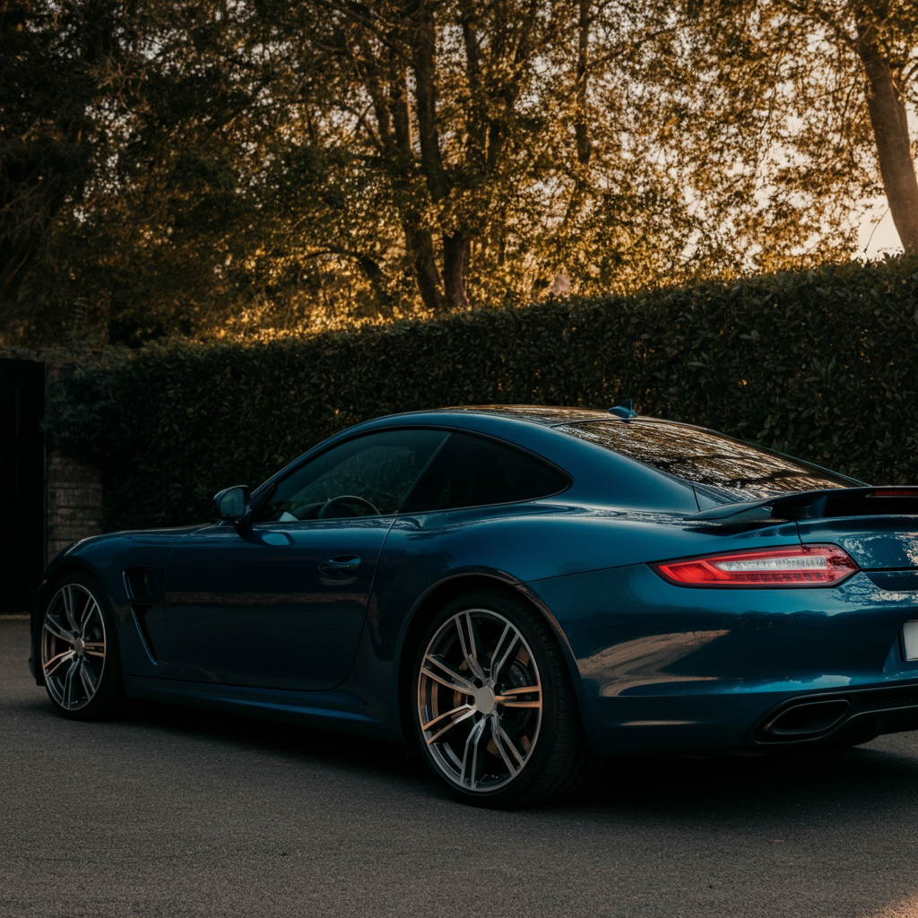 A car parked in a driveway with dappled sunlight filtering through the trees. Focus on the clean lines of the car and the texture of the asphalt.