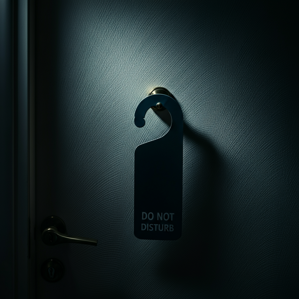 A closed door with a simple "Do Not Disturb" sign hanging on it. The lighting is soft and diffused, creating a sense of privacy and respect. Focus on the texture of the door and the sign.