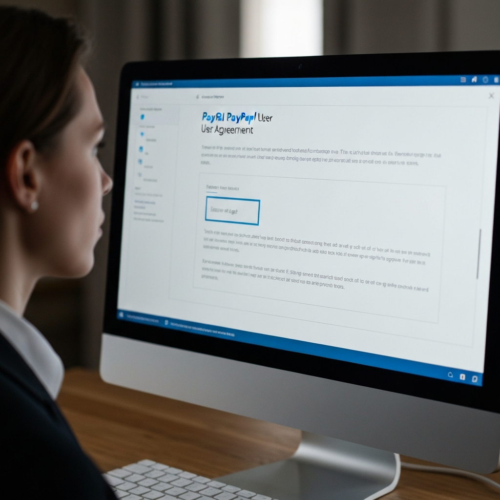 A close-up shot of a computer screen displaying PayPal's User Agreement, with the section on age highlighted. Soft, diffused lighting creates a professional and trustworthy feel.