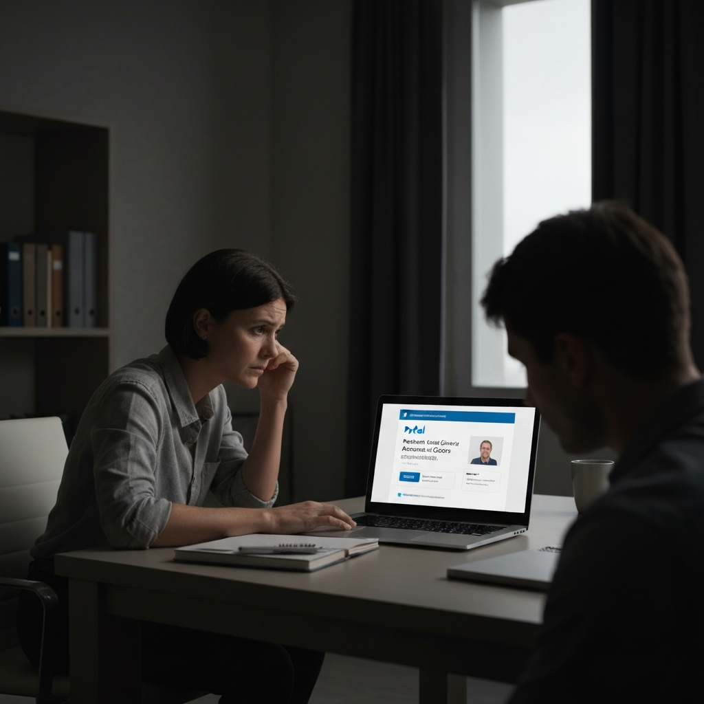 A person sitting at a desk, looking concerned at a laptop screen displaying a PayPal notification of account closure. The room is dimly lit, suggesting a private and serious situation.