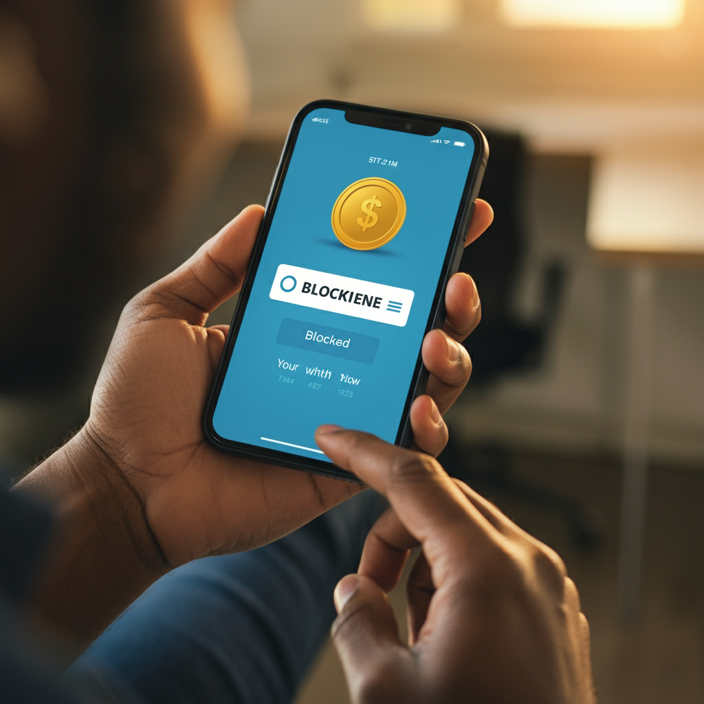 An overhead shot of a hand holding a smartphone displaying a banking app with a blocked balance. The background is a blurred office environment, suggesting potential financial implications.
