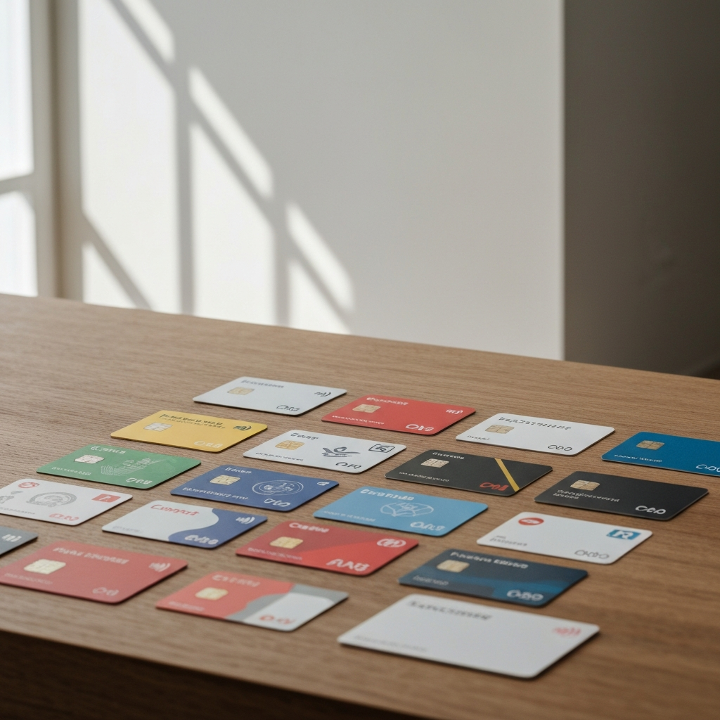 A collection of prepaid debit cards and bank cards neatly arranged on a wooden surface. The lighting is soft and natural, showcasing the different designs and brands.
