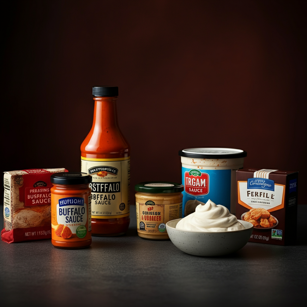 Overhead shot of ingredients neatly arranged on a clean kitchen counter. Soft, natural light illuminates the colorful labels and textures of the various ingredients. Focus on the vibrant red of the buffalo sauce and the creamy white of the cream cheese.