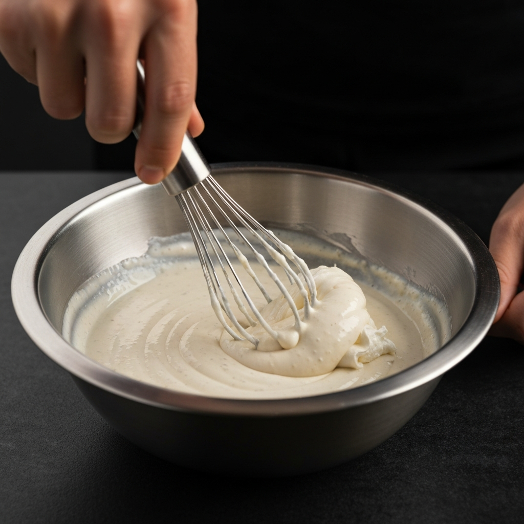 A hand holding a whisk mixing ingredients in a stainless steel bowl. Side-lit textures show the glossy ranch dressing and soft cream cheese blending together.