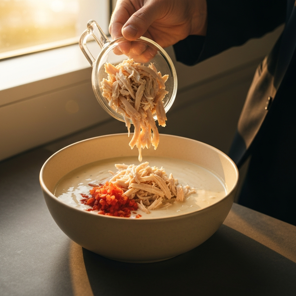Medium shot of shredded chicken being added to a bowl of creamy sauce. Golden hour lighting streams through a window, casting a warm glow on the ingredients.