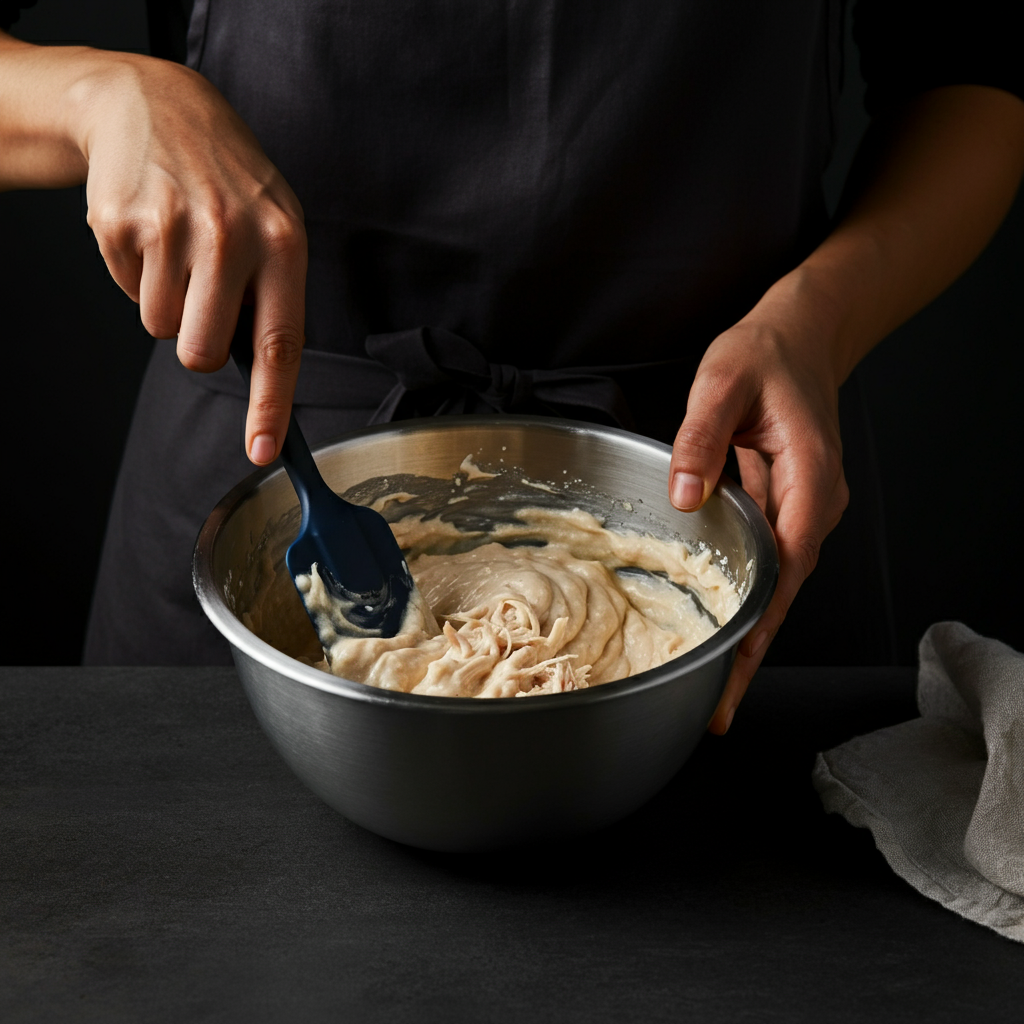 A person using a spatula to scrape the sides of a mixing bowl, ensuring all ingredients are well combined. The mixture appears thick and creamy, with visible strands of shredded chicken.