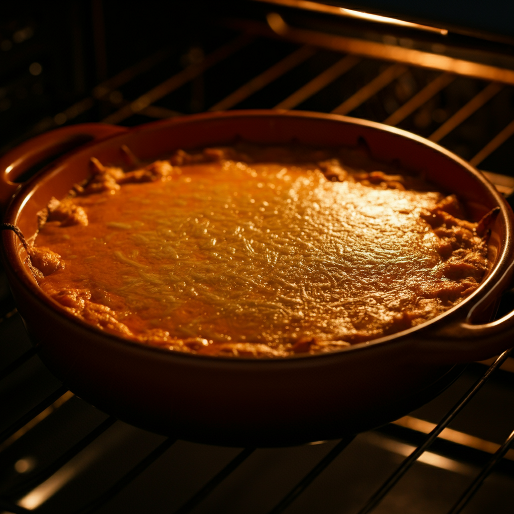 A bubbly, golden-brown buffalo chicken dip baking in an oven. Soft focus on the background, highlighting the textures and colors of the cooked cheese.