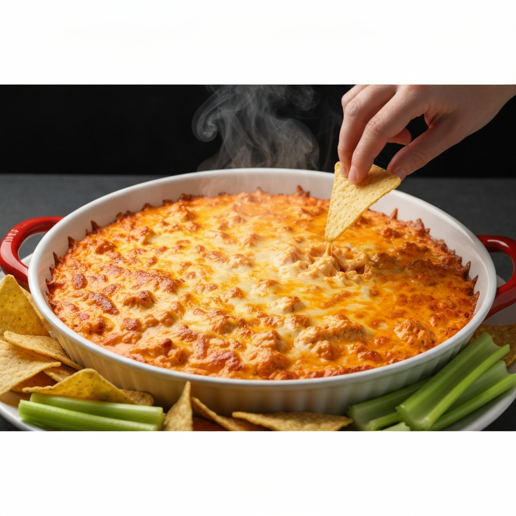 A serving dish filled with buffalo chicken dip, surrounded by tortilla chips and celery sticks. The dip is steaming slightly, and the cheese is melted and bubbly. A hand reaches in to grab a chip, suggesting enjoyment.