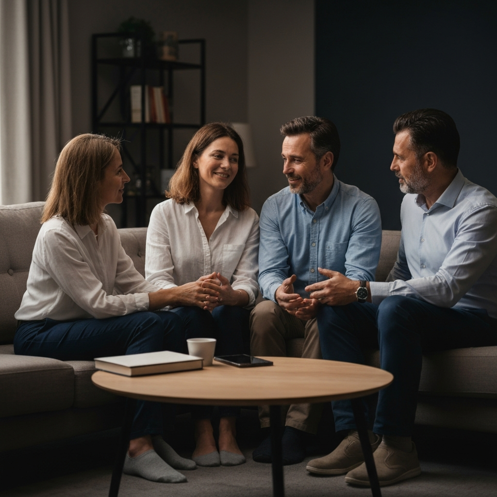 A family sitting comfortably in a living room, having a heartfelt conversation. The lighting is warm and inviting, creating a sense of intimacy and trust.