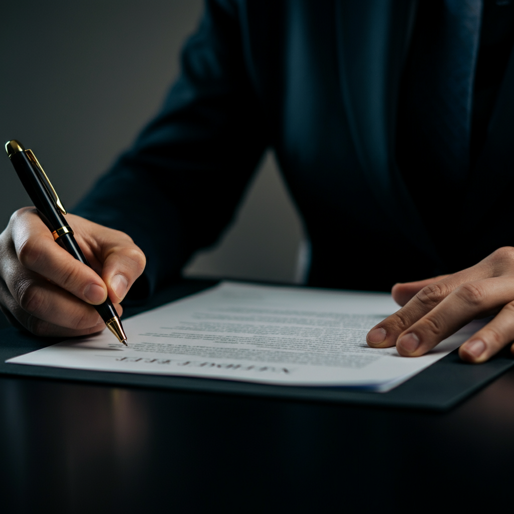 A person carefully filling out a legal document with a pen. The desk is clean, and the lighting is bright and focused.