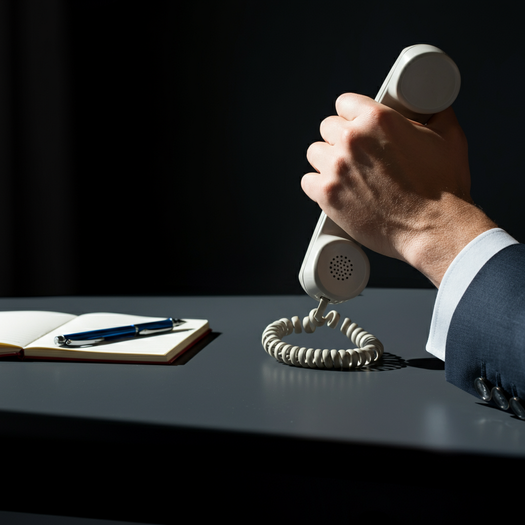 A close-up of a hand dialing a phone, with a notepad and pen nearby. The background is slightly blurred, emphasizing the act of making the phone call.