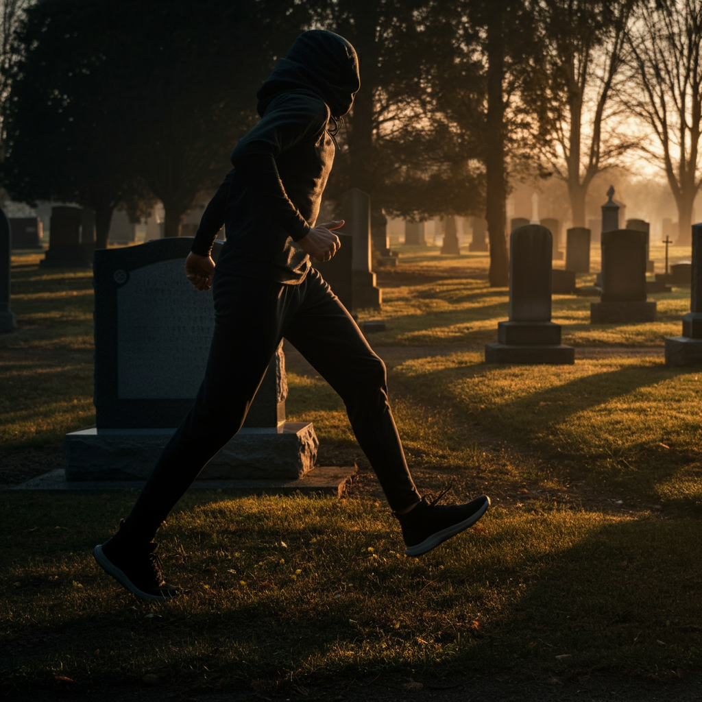 A tranquil cemetery with soft, golden hour lighting. Headstones are visible in the background, and the atmosphere is peaceful and reflective.