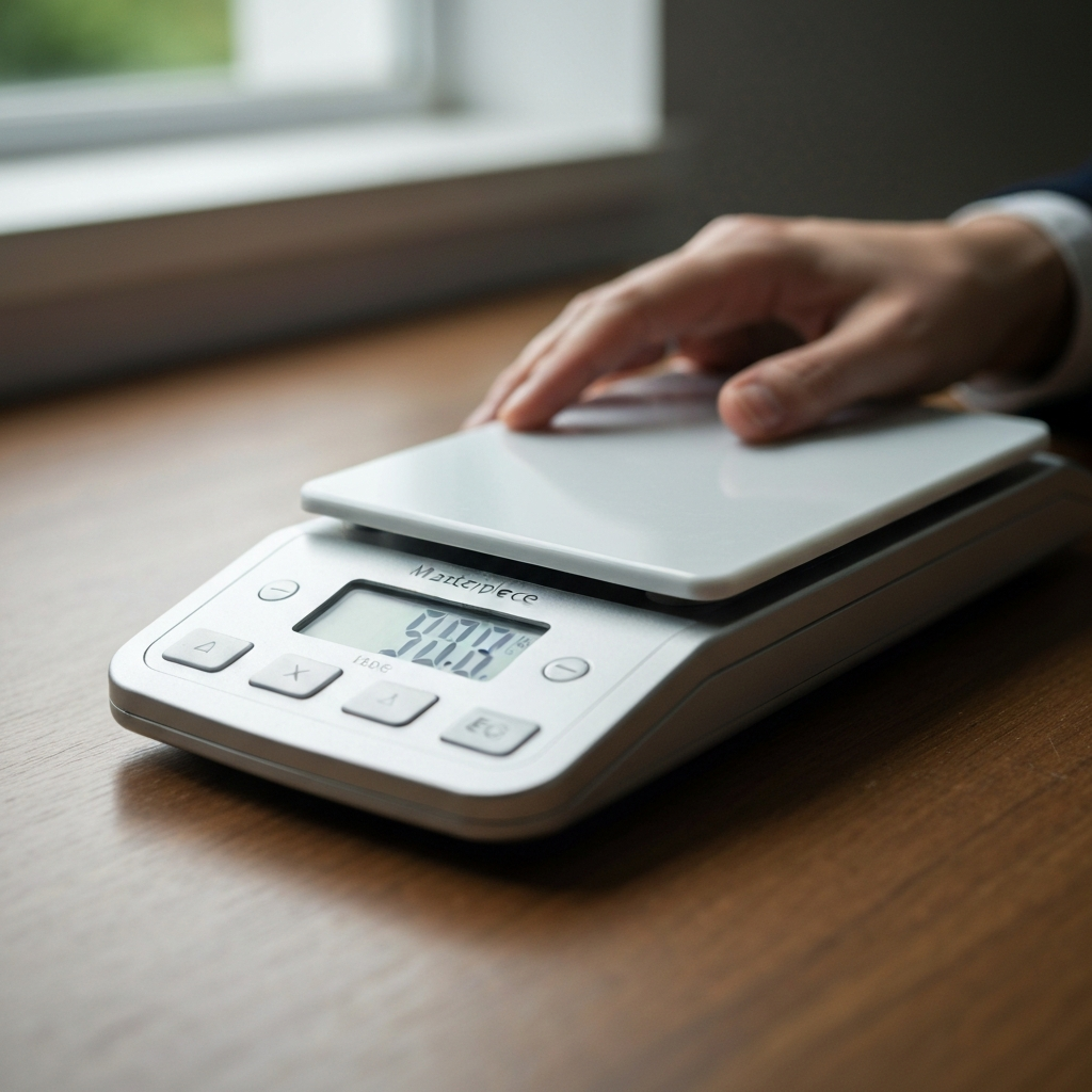 Close-up on a digital scale displaying a weight measurement, soft natural light filtering through a nearby window, focus on the scale's display and the texture of the surrounding tabletop.