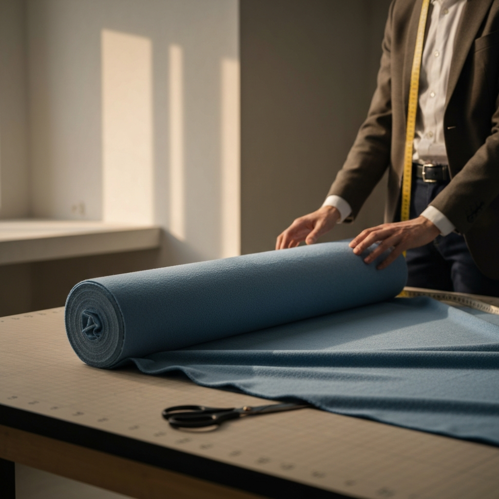 A bolt of soft blue flannel fabric resting on a cutting table, scissors and a measuring tape nearby, warm indoor lighting highlighting the fabric's texture.
